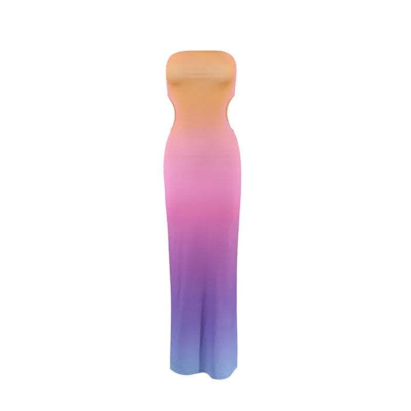 Gradient Print Backless Strapless Maxi Dress For Women Chest Wrap