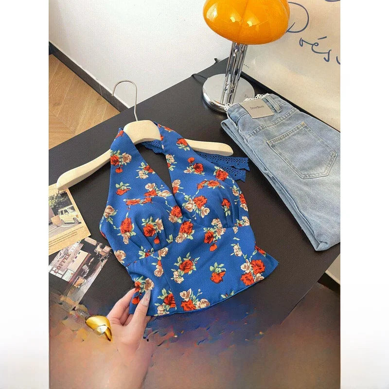 Retro Floral V Neck Halter Top