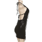 Gleaming Halter Neck Backless Sequin Tassel Party Dress