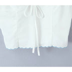Wave Edged White Camis Sexy Bow V Neck Cotton Slim Crop Top