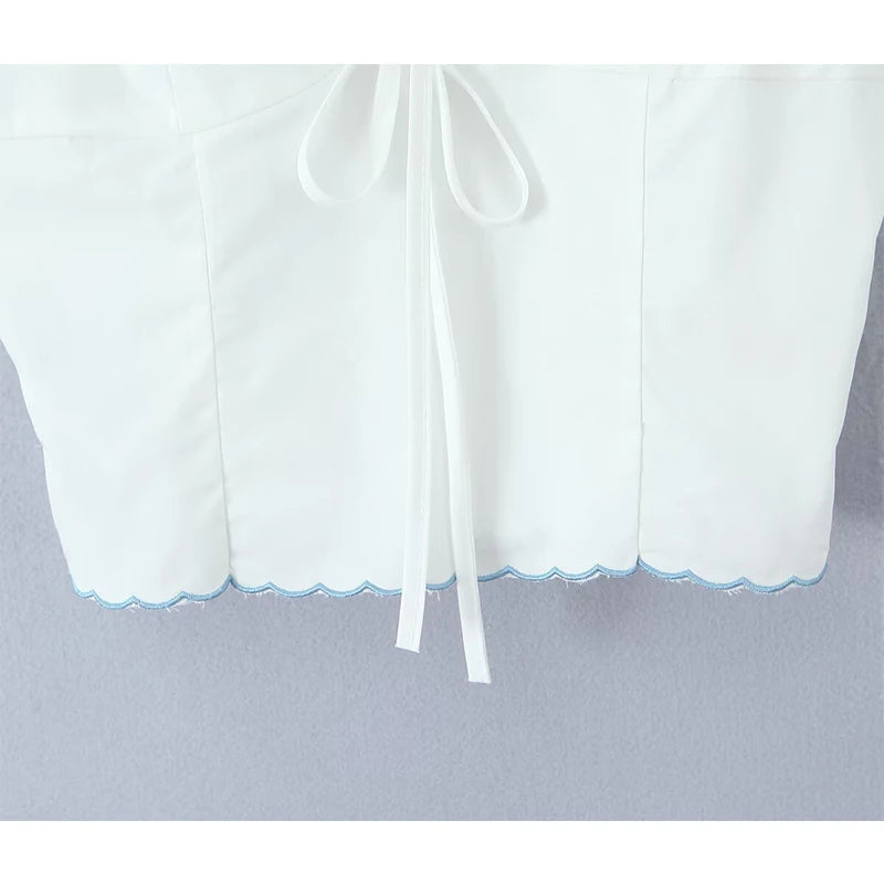 Wave Edged White Camis Sexy Bow V Neck Cotton Slim Crop Top