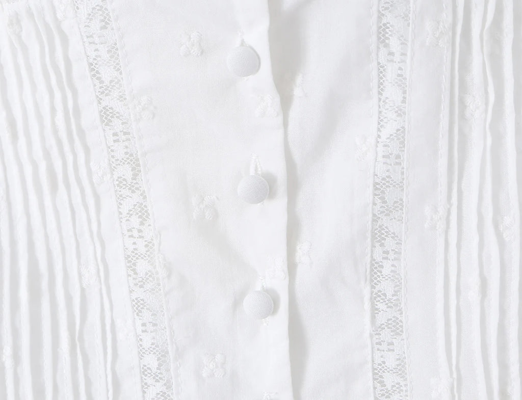 Sweet White Embroidered Floral Crop Shirt With V Neck Puff Sleeves And Ruffle Hem Slim Fit