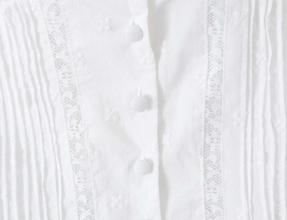 Sweet White Embroidered Floral Crop Shirt With V Neck Puff Sleeves And Ruffle Hem Slim Fit