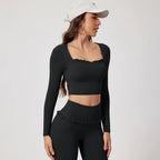 Women Shirts Long Sleeve for Yoga Crop Top Square Neck Workout Clothing with Chest Pads Fitness