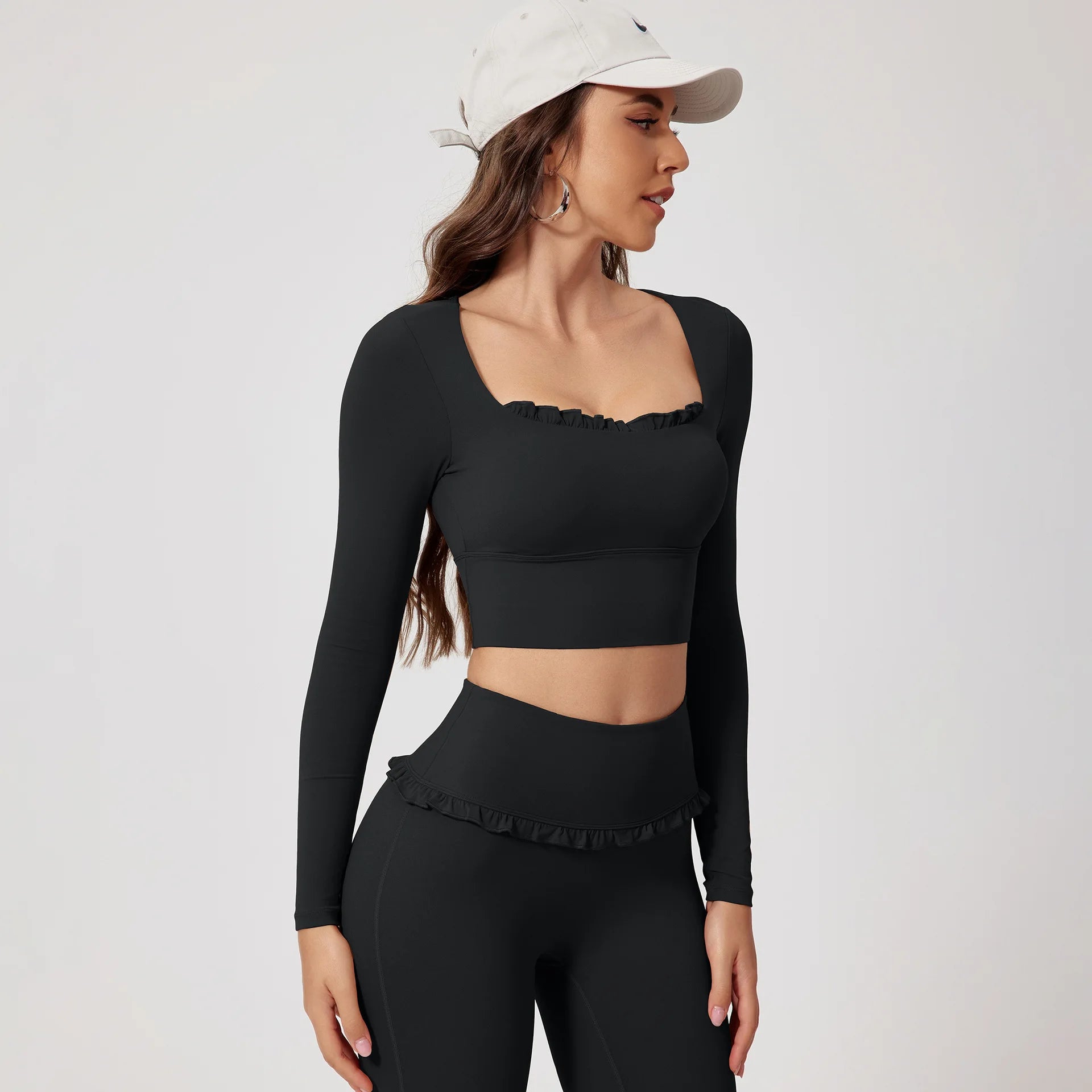 Women Shirts Long Sleeve for Yoga Crop Top Square Neck Workout Clothing with Chest Pads Fitness
