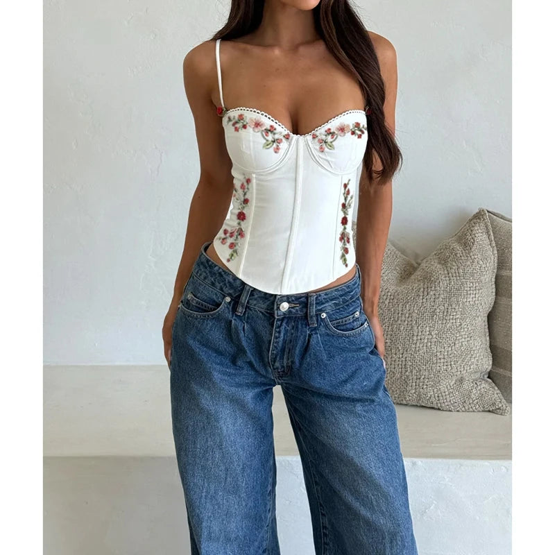 Floral Embroidered Slim Fit Spaghetti Strap Camisole Top