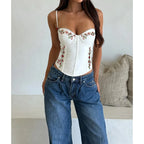 Floral Embroidered Slim Fit Spaghetti Strap Camisole Top