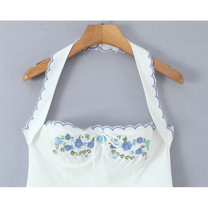Backless Halter Embroidered White Dress For Women Elegant A Line Mini Dress