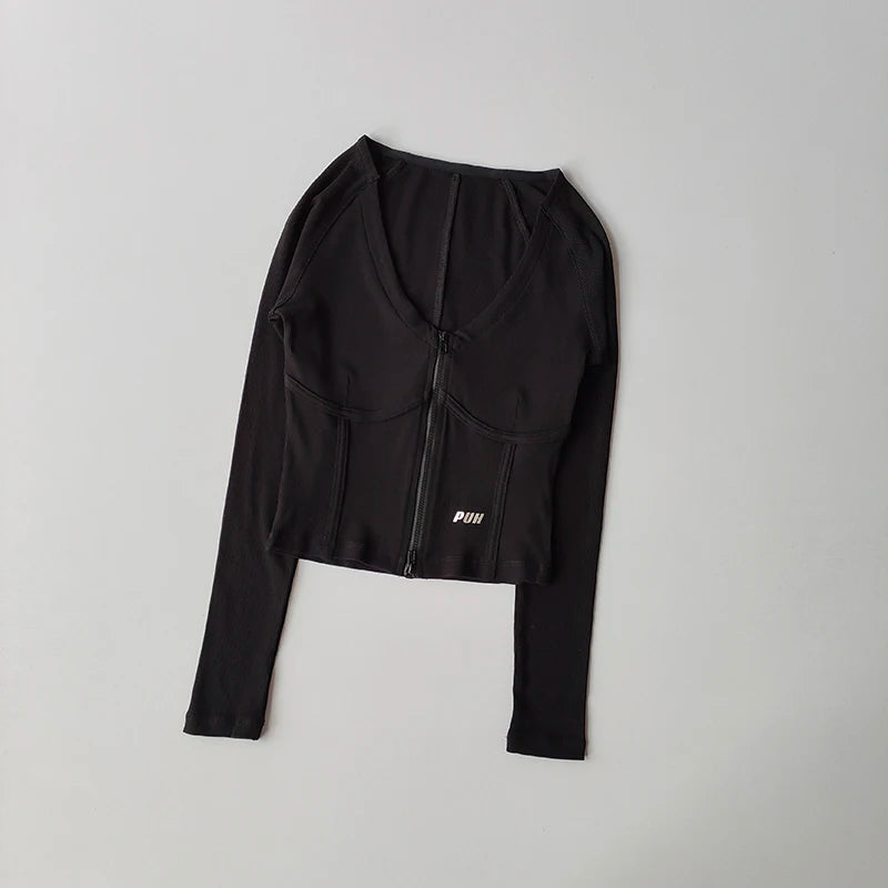 Flow Zip Front Top for Women with V Neck Long Sleeve