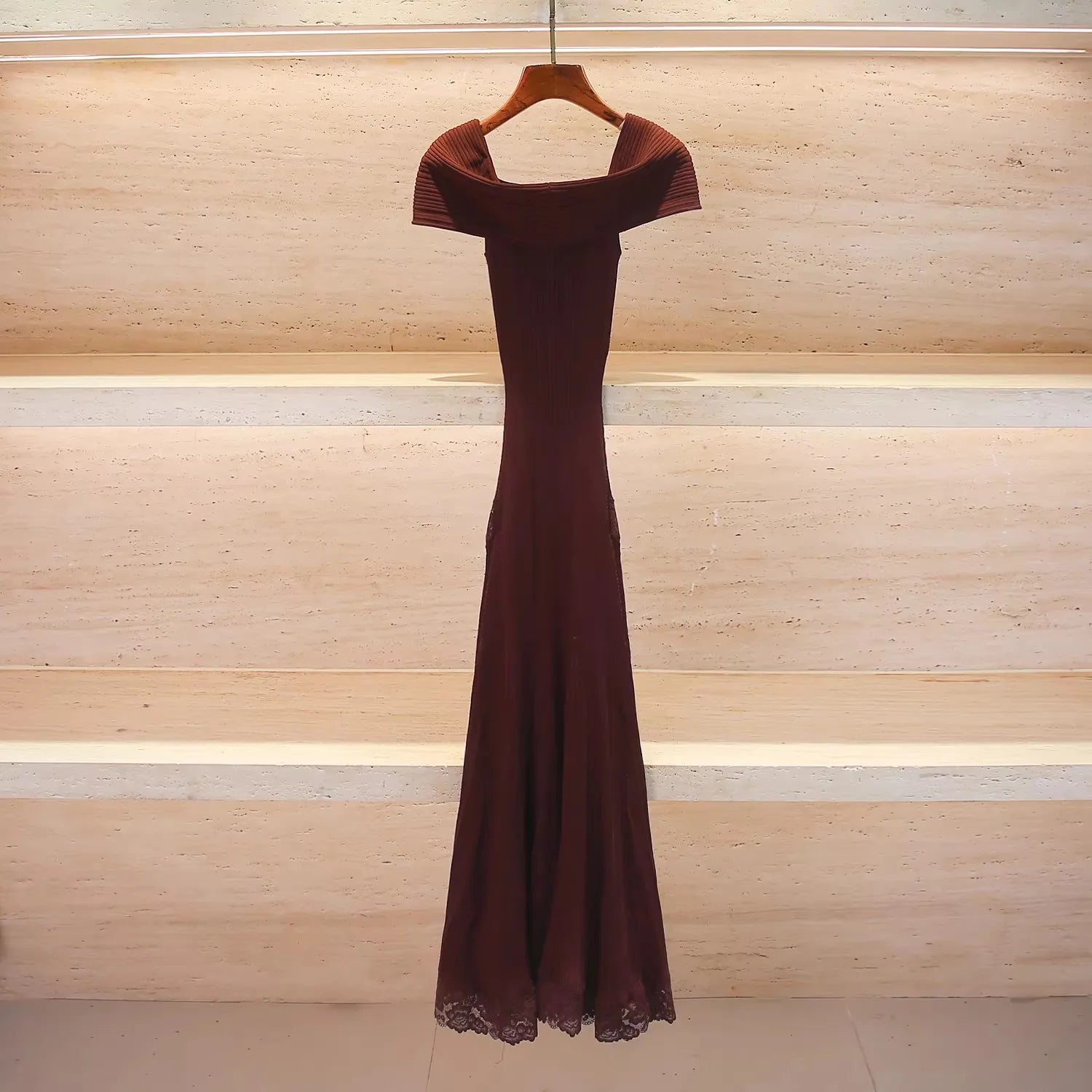 Chic Off-Shoulder Lace Dress And Knit Midi Set