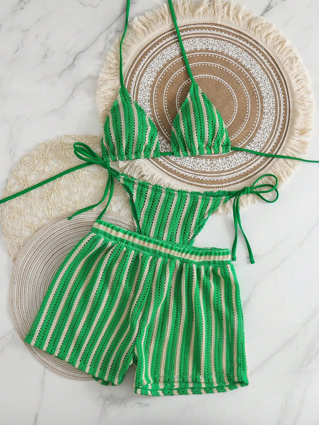 Retro Striped 3 Pieces Knitted Mesh String Bikini Set Swimsuit