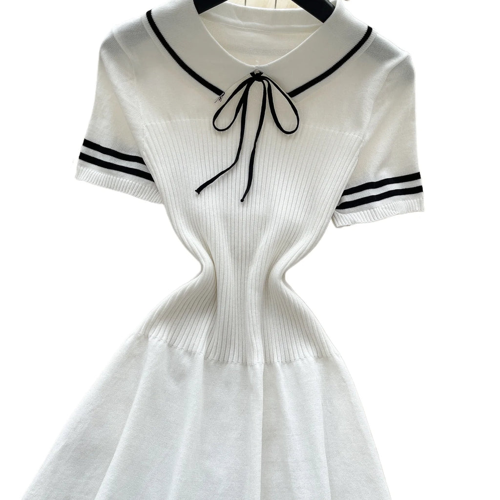 Peter Pan Collar Bow Sundress With Striped Hem Knit A Line Mini