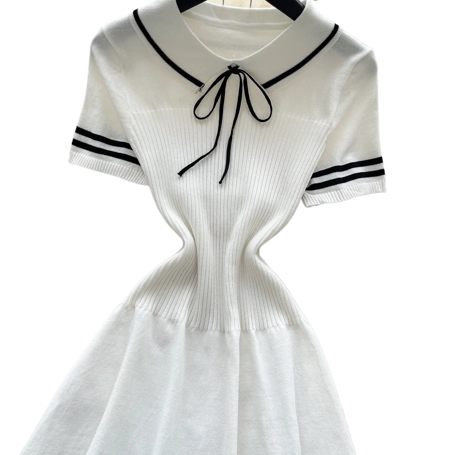 Peter Pan Collar Bow Sundress With Striped Hem Knit A Line Mini