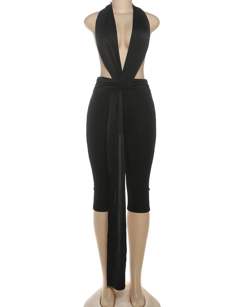 Midnight Patchwork Halter Romper Backless Slim Fit