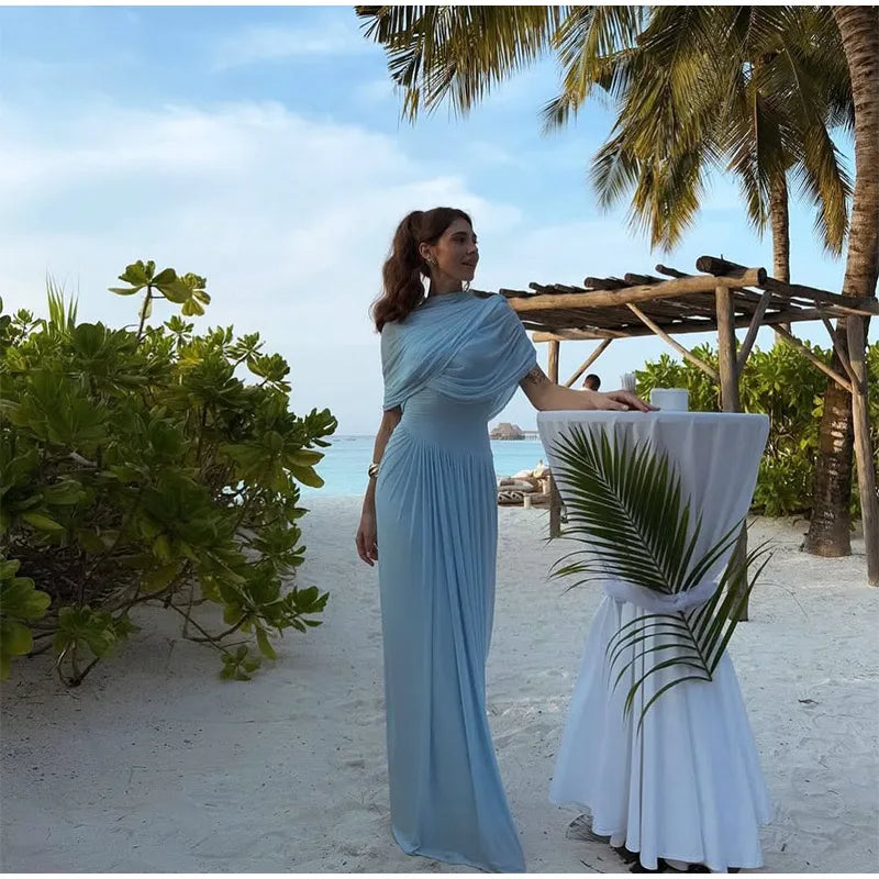 Blue Irregular Shawl Maxi Dress Slim Fit Pleated Turtleneck Elegant Evening