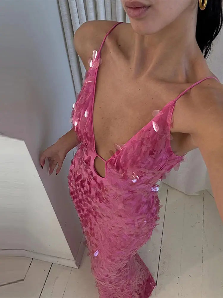 Gleaming Sequined V Neck Maxi Dress Sleeveless Backless High Waist Gown