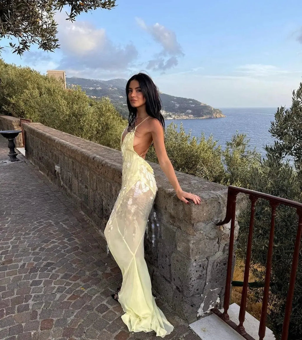 Sequin Deep V Neck Mermaid Maxi Dress Backless Sleeveless Lace Up Gown