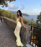 Sequin Deep V Neck Mermaid Maxi Dress Backless Sleeveless Lace Up Gown