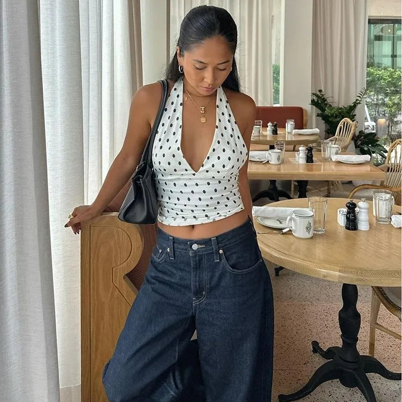 Polka Dot Off Shoulder Backless Camisole Tank Top