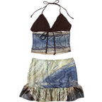 Sunlit Beach Crystal Knit Patchwork Halter Set With Lace Up Backless Top And Ruffle Printed Skirt