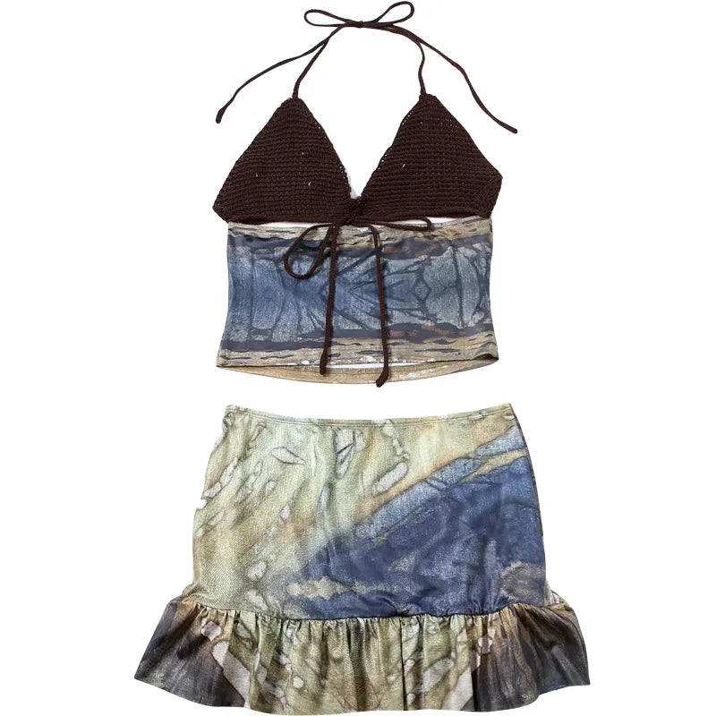 Sunlit Beach Crystal Knit Patchwork Halter Set With Lace Up Backless Top And Ruffle Printed Skirt