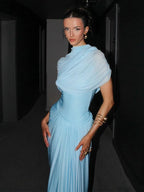Blue Irregular Shawl Maxi Dress Slim Fit Pleated Turtleneck Elegant Evening