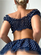Polka Dots Tutu Lingerie Set Off Shoulder Twopiece with Plunge Bra and Satin Trim