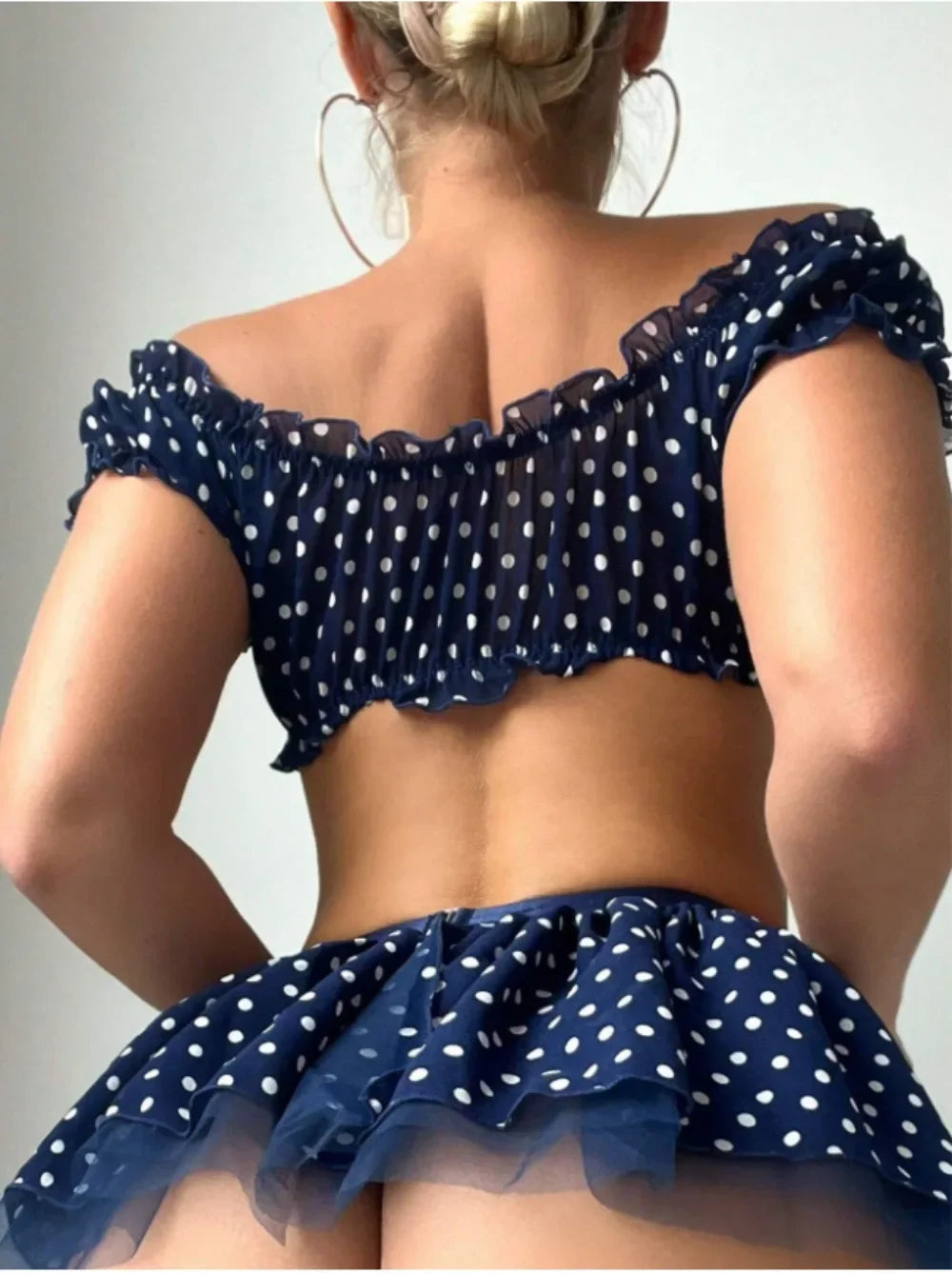 Polka Dots Tutu Lingerie Set Off Shoulder Twopiece with Plunge Bra and Satin Trim