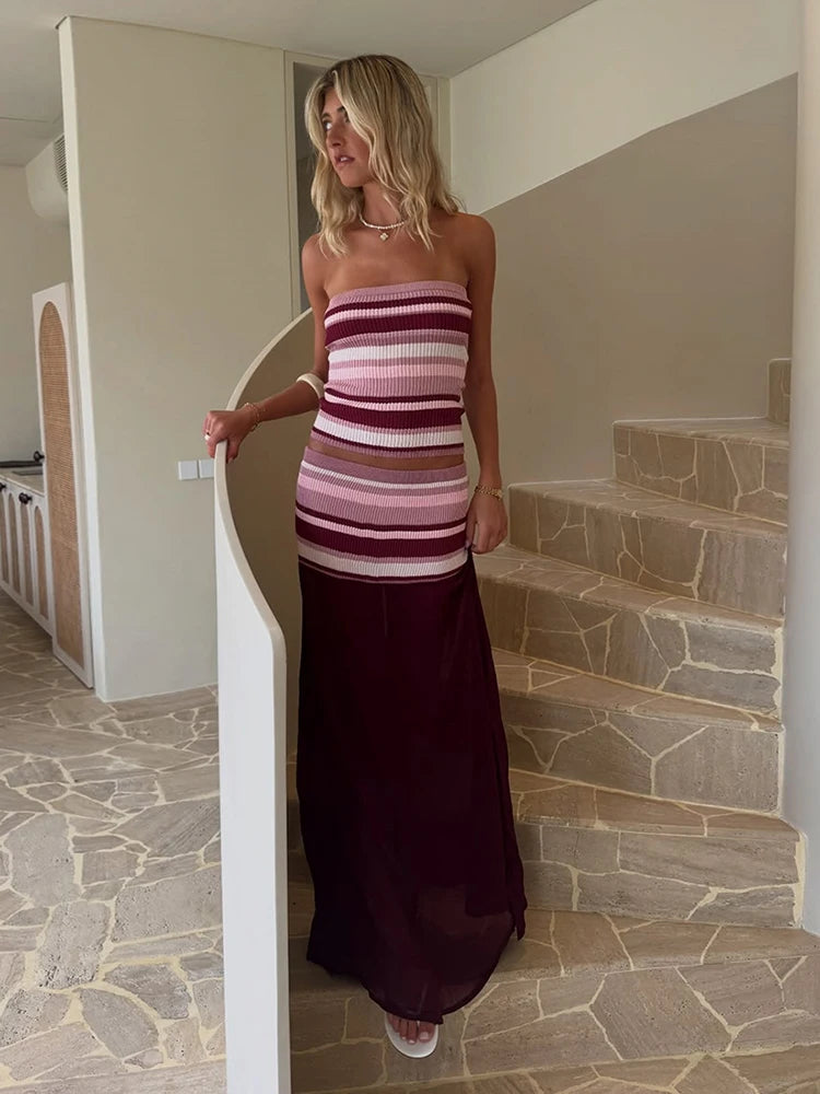 Striped Knit Two Piece Set With Mesh Patchwork Long Skirt