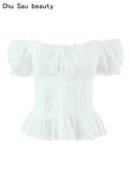 Women Sweet Lace Patchwork Bow Tied Blouses French Slash Neck Short Sleeve