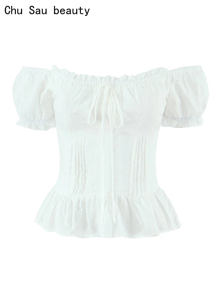 Women Sweet Lace Patchwork Bow Tied Blouses French Slash Neck Short Sleeve