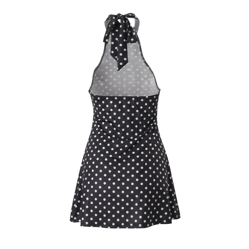Elegant Off Shoulder Polka Dot Mini Dress Sleeveless Backless High Waist