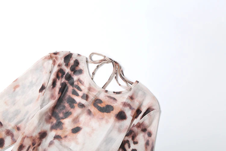 Leopard Print See Through Maxi Dress With O Neck Long Sleeves Backless Cross Bandage Detail