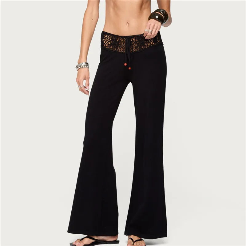 Crochet Knit Pants With Wide Leg And Elastic Waist Hollow Out