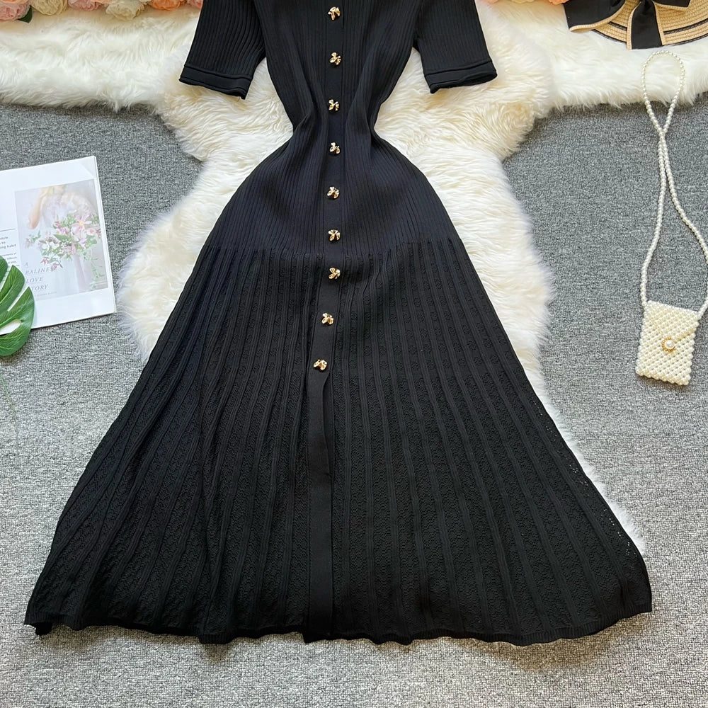 Vintage Inspired Turn Down Collar Knit Maxi Shirt Dress
