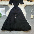 Vintage Inspired Turn Down Collar Knit Maxi Shirt Dress