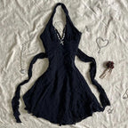Gothic Harajuku Vintage Halter Neck Dress With Lace Up Details For Punk Streetwear