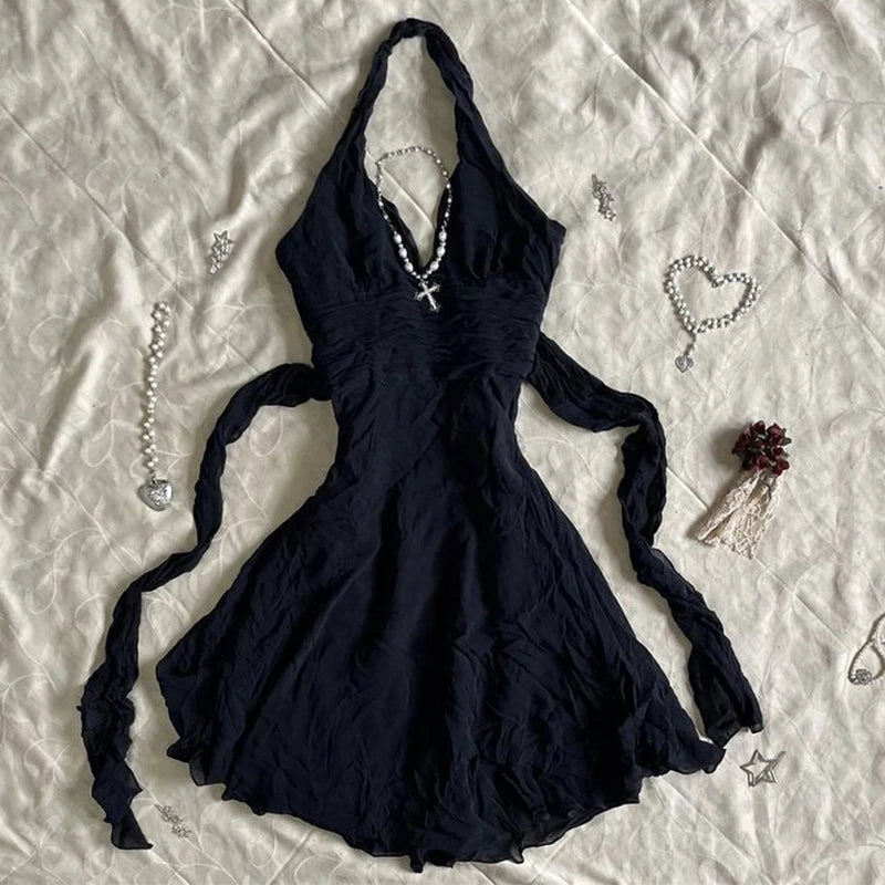 Gothic Harajuku Vintage Halter Neck Dress With Lace Up Details For Punk Streetwear