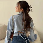 Backless Bandage Blouse With Turn Down Collar And Delicate Lace Up Details