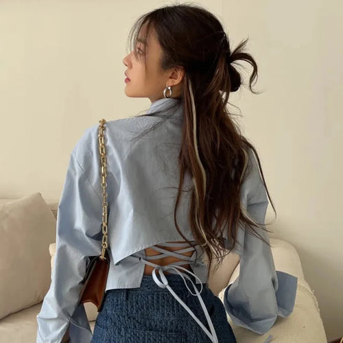 Backless Bandage Blouse With Turn Down Collar And Delicate Lace Up Details