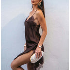Lace Slip Mini Dress With Satin Backless Asymmetric Cut