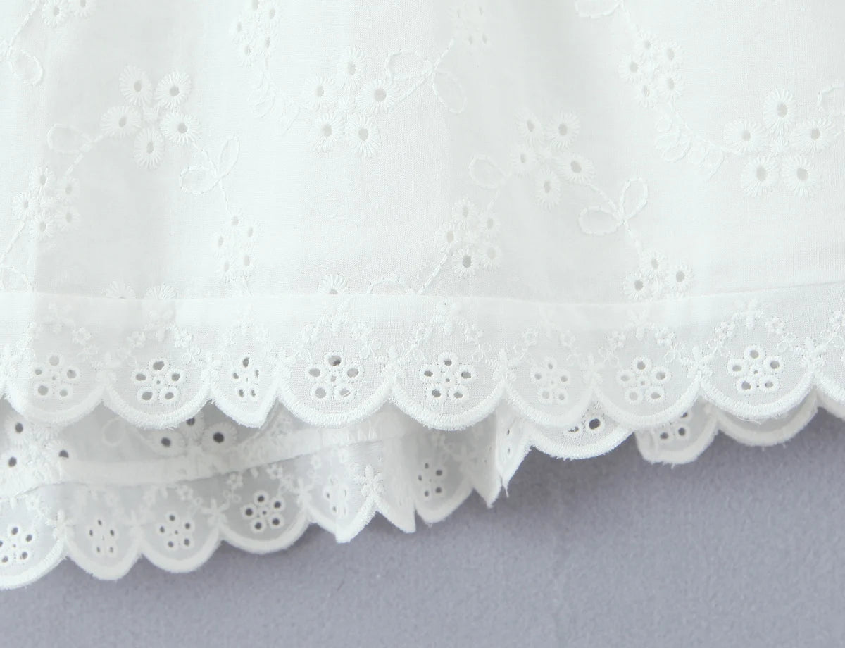 White Embroidered Lace V Neck Mini Dress With Hollow Out Detail And Back Zipper Closure