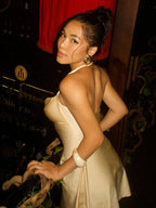 Metallic Satin Halter Mini Dress With Backless Ruched Silhouette