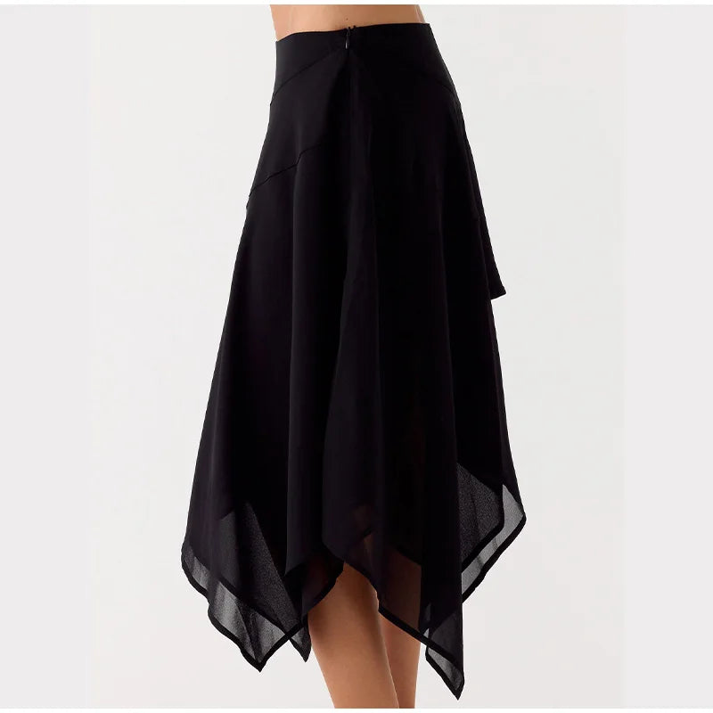 Soft Ruffle High Waist Midi Skirt With Asymmetrical Hem