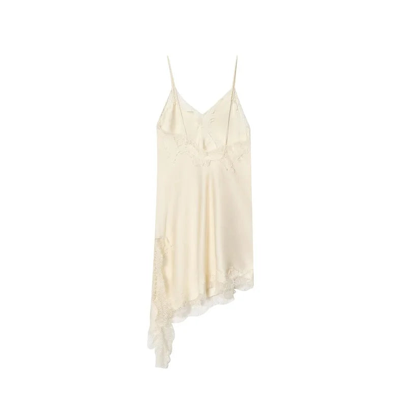 Lace Slip Mini Dress With Satin Backless Asymmetric Cut