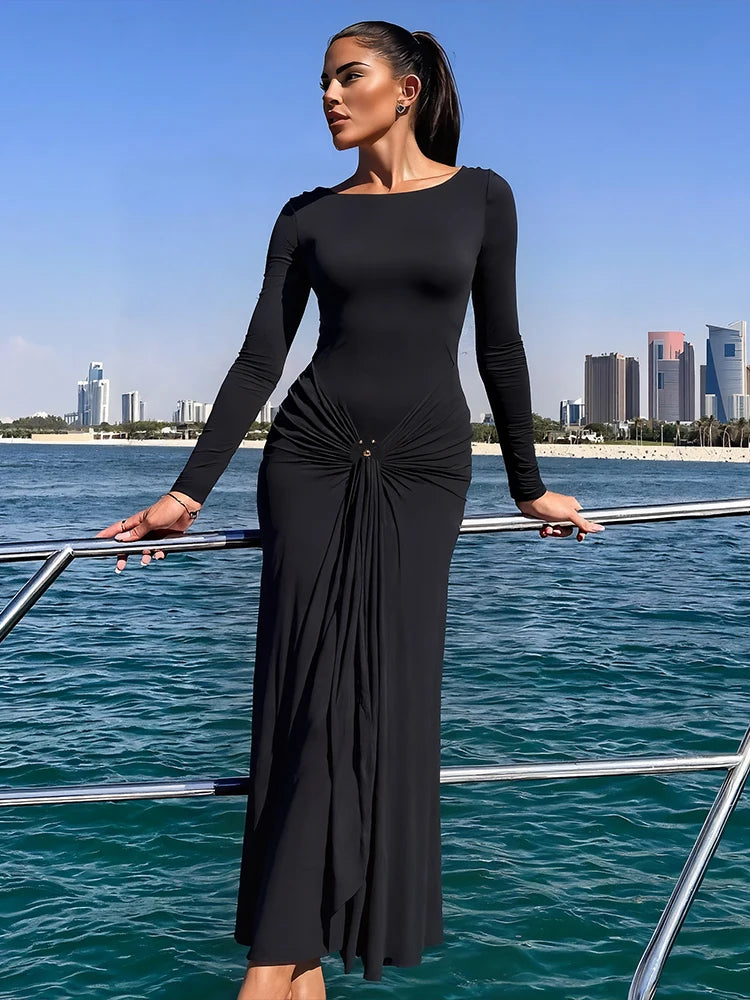 Ruched Maxi Dress For Women Chic Bodycon With Long Sleeves