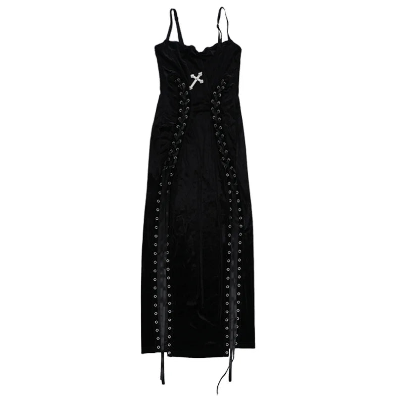 Velvet Gothic Gown With High Split Hem And Straps
