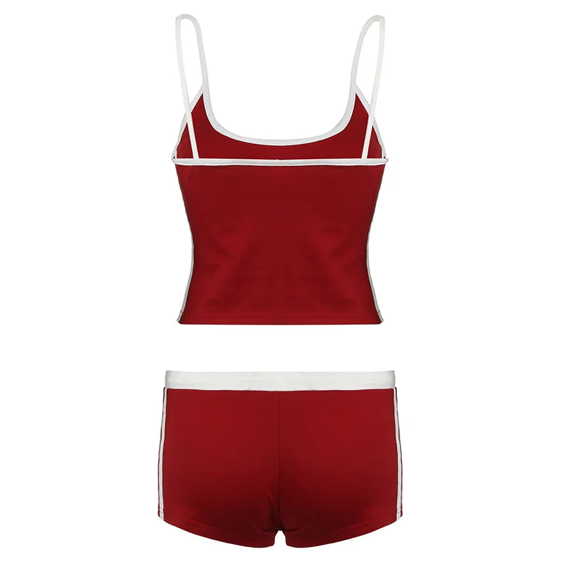 Embroidery Letter Contrast Set With Backless Camisole Top And Drawstring Elastic Shorts