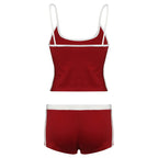 Embroidery Letter Contrast Set With Backless Camisole Top And Drawstring Elastic Shorts