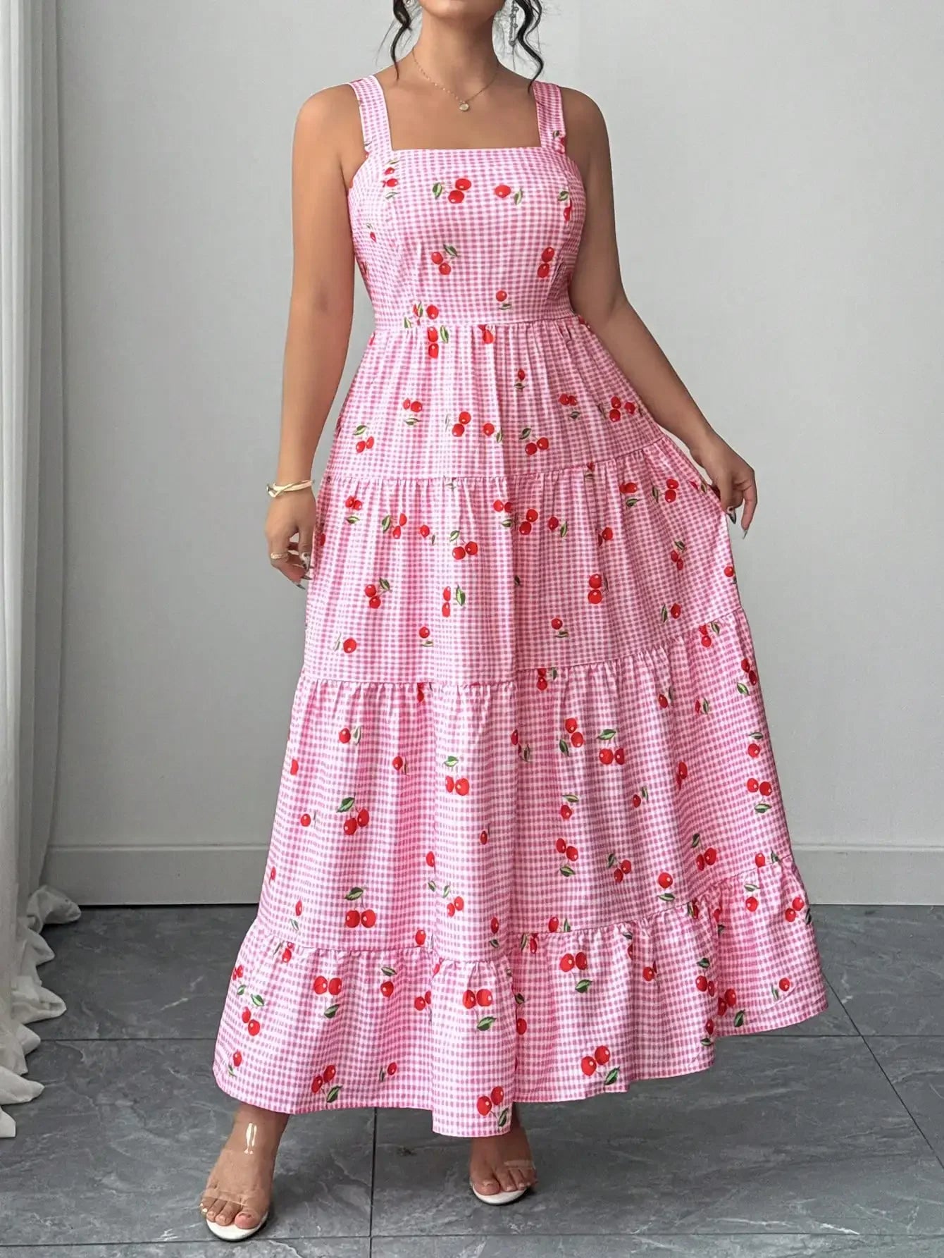 Sweet Cherry Print Gingham Tiered Maxi Dress